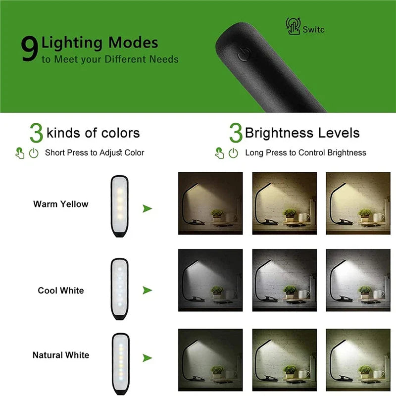 Mini 9 LED Reading Light Book Light Lamp USB Rechargeable Warm Clip Lamp Brightness Stepless Dimming Desk Table Read Night Light